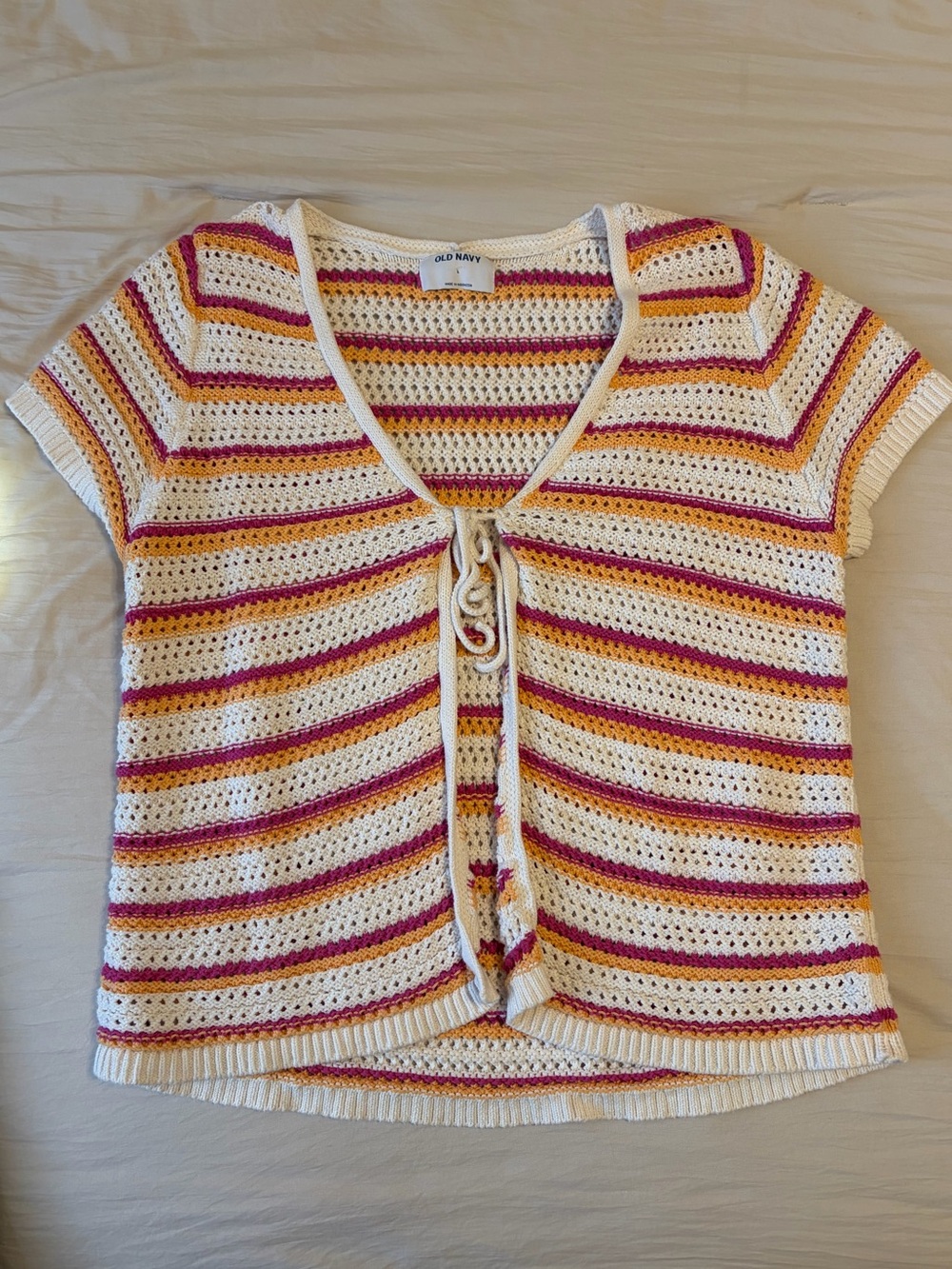 Old Navy Cream Crochet Tie-Front Short Sleeve Top with Pink and Mustard Stripes